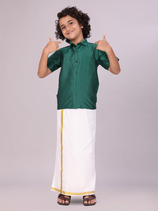 Boys Green Color Half Sleeves Shirt with Gold Jari Flexi Dhoti Adorable Boy