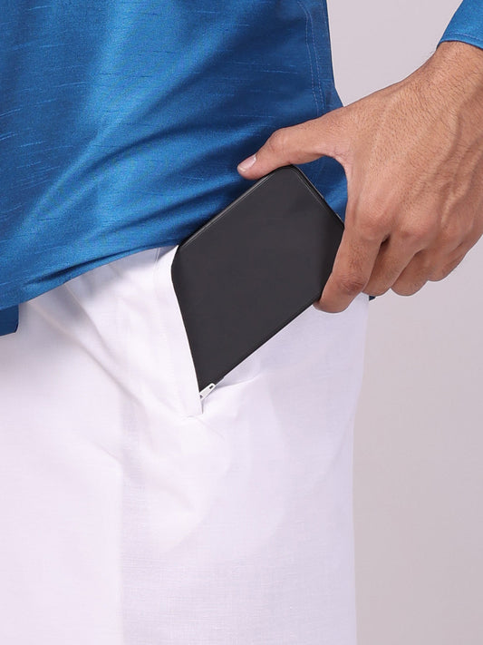 Men's Ramar Blue Dupion Satin Color Shirt with Matching Border Flexi Dhoti Combo Gora Flexi pocket
