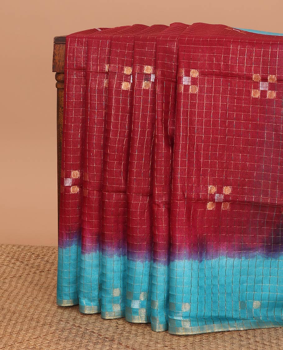 Maroon checked linen saree with contrast geometric design border & checked, geometric design pallu