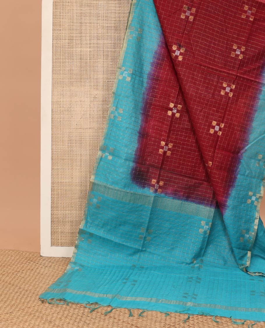 Maroon checked linen saree with contrast geometric design border & checked, geometric design pallu