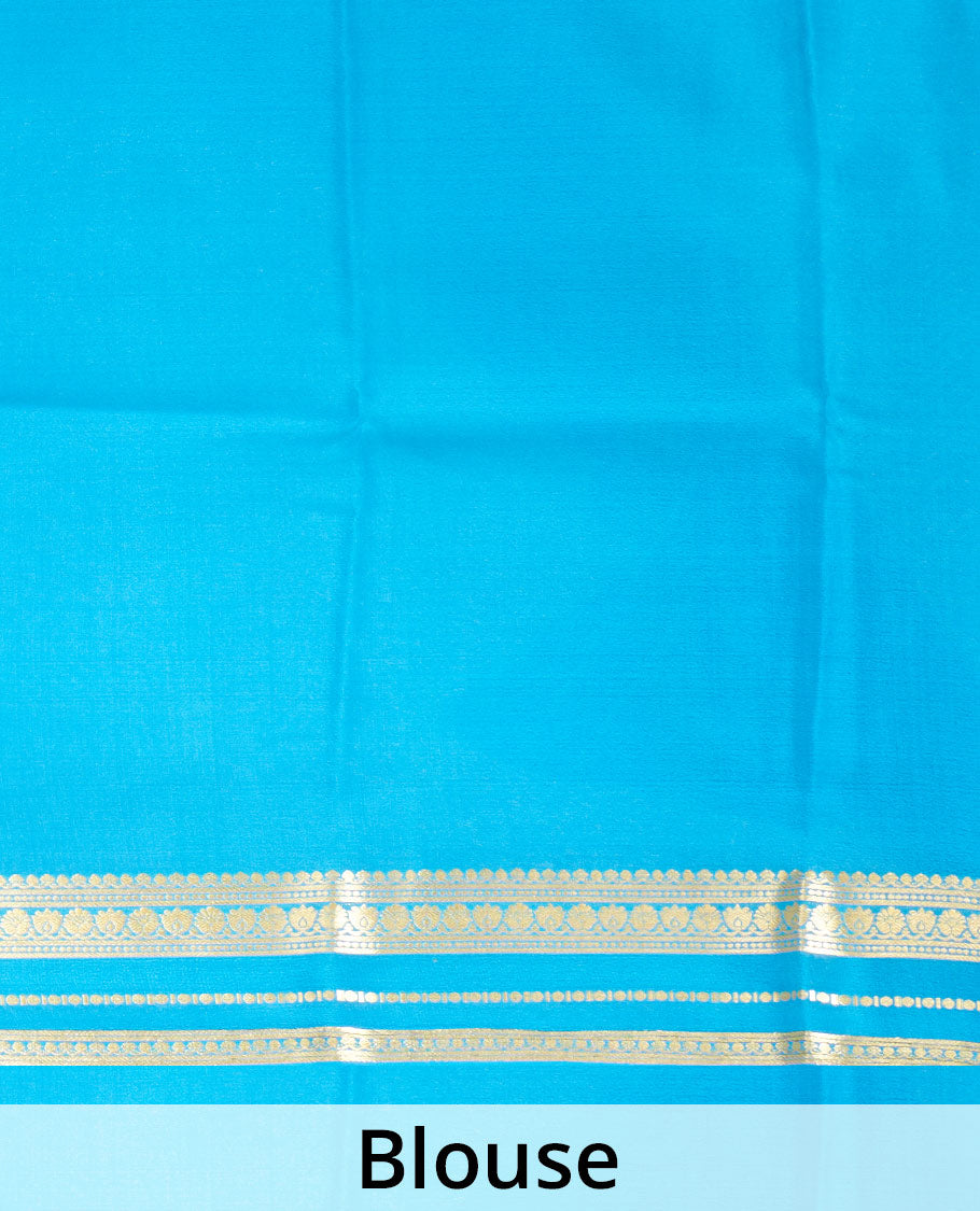 Royal Blue Plain Mysore Silk Saree, Complemented by a Contrast Border Steeped with Traditional Zari Designs, Pallu Featuring Zari Stripes, and Paired with a Contrast Blouse