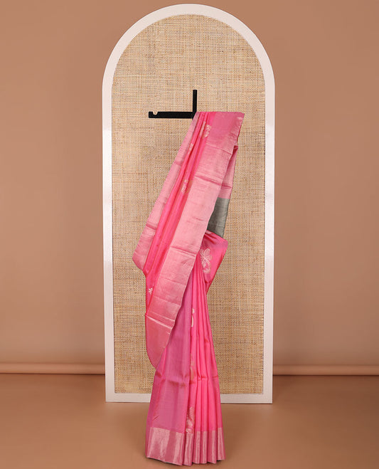 Pink floral motifs uppada saree with self zari border & floral design pallu