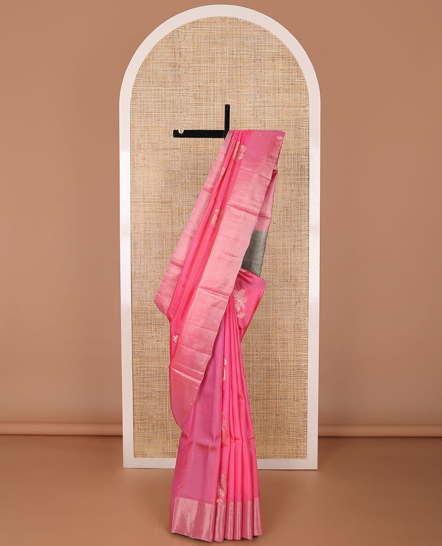 Pink floral motifs uppada saree with self zari border & floral design pallu
