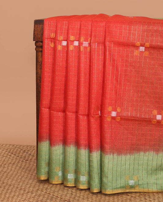 Red checked linen saree with contrast geometric design border & checked, geometric design pallu