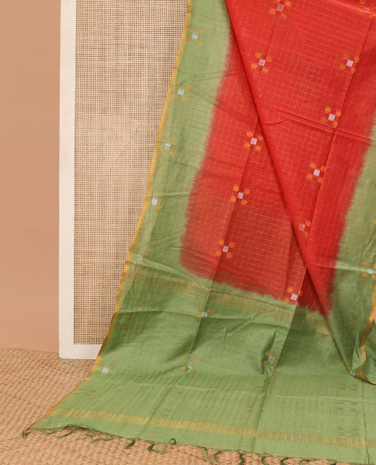 Red checked linen saree with contrast geometric design border & checked, geometric design pallu