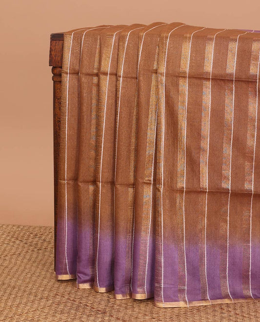 Brown striped linen saree with contrast striped border & sequins embroidery pallu