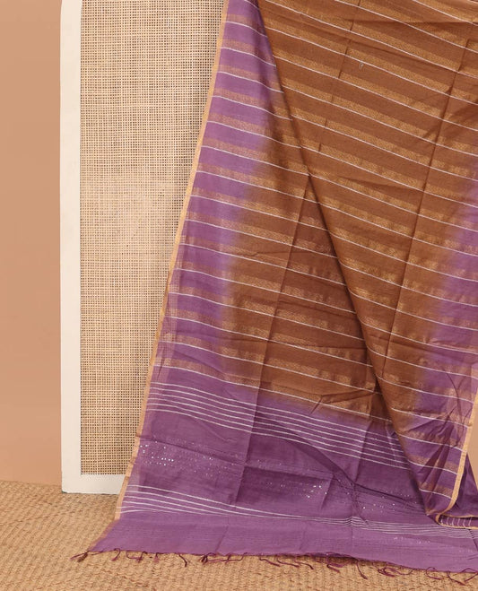 Brown striped linen saree with contrast striped border & sequins embroidery pallu