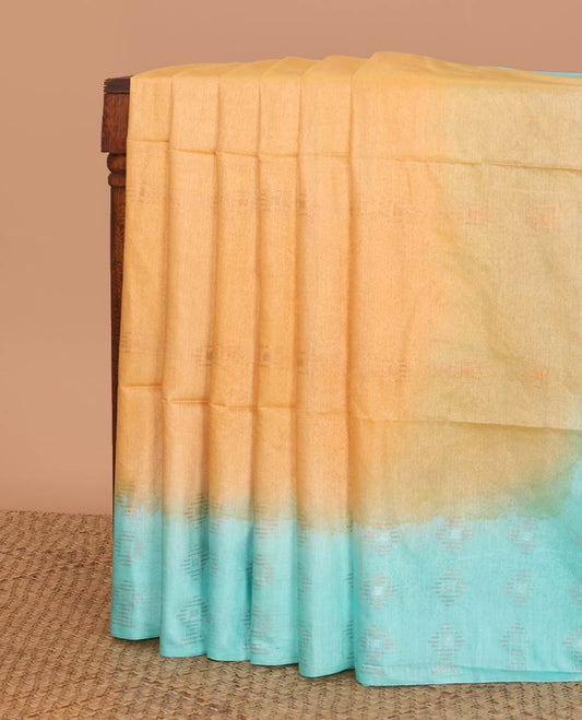 Pale brown  motifs linen saree with contrast geometric design & striped, sequins embroidery pallu