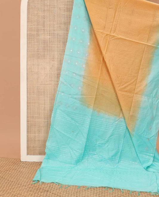 Pale brown  motifs linen saree with contrast geometric design & striped, sequins embroidery pallu