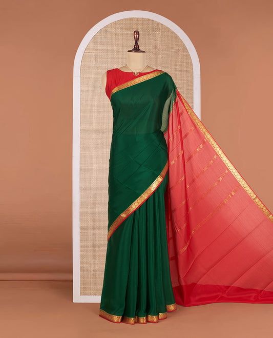 Dark Green Plain Mysore Silk Saree, Complemented by Contrast Border of Intricate Designs, Pallu Steeped with Zari Stripes, and Paired with a Contrast Blouse