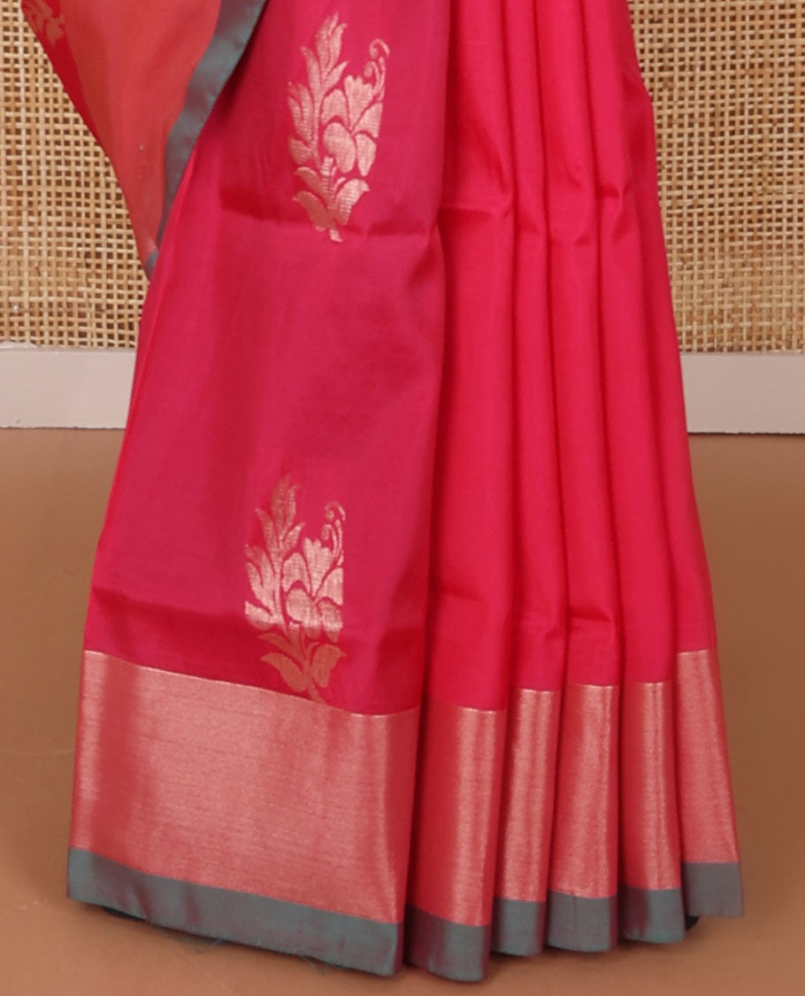 Red floral motifs uppada saree with self zari border & floral design pallu
