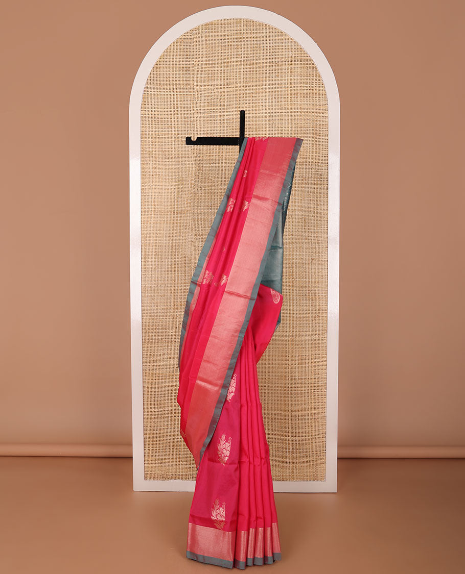 Red floral motifs uppada saree with self zari border & floral design pallu