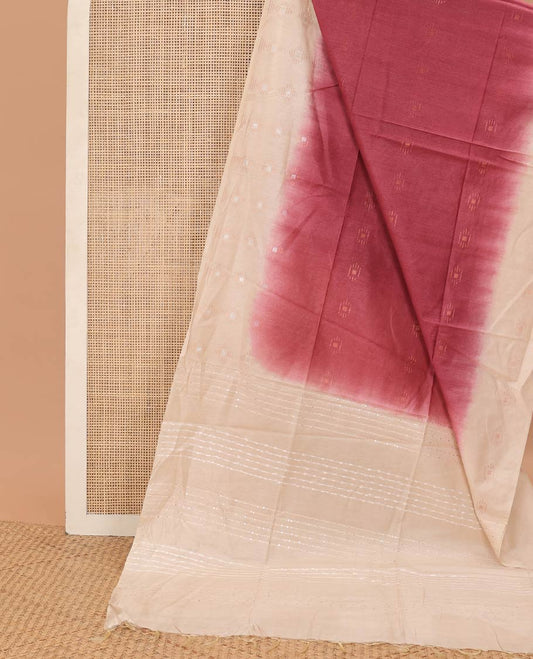 Maroon  motifs linen saree with contrast geometric design & sequins embroidery pallu