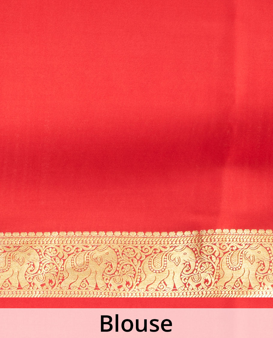 Red Mysore Silk Saree Beautified with Zari Buttas, Highlighted by Zari Border of Elephant Designs, Gleaming Zari Woven Pallu of  Floral Zari Designs, and Paired with a Matching Blouse