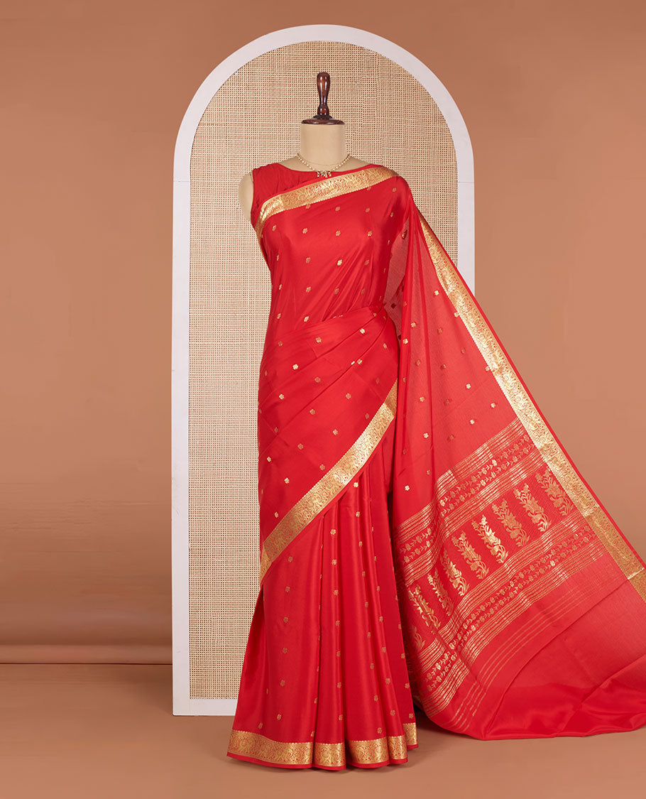 Red Mysore Silk Saree Beautified with Zari Buttas, Highlighted by Zari Border of Elephant Designs, Gleaming Zari Woven Pallu of  Floral Zari Designs, and Paired with a Matching Blouse