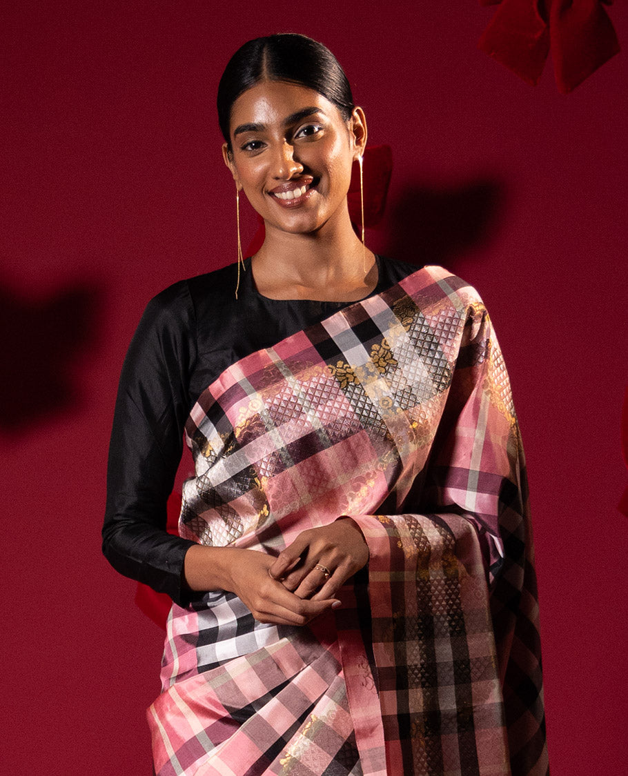 Borderless multi-color checked Kanchipuram silk saree features zari woven ara maadam and floral designs, contrast traditional zari motifs steeped pallu