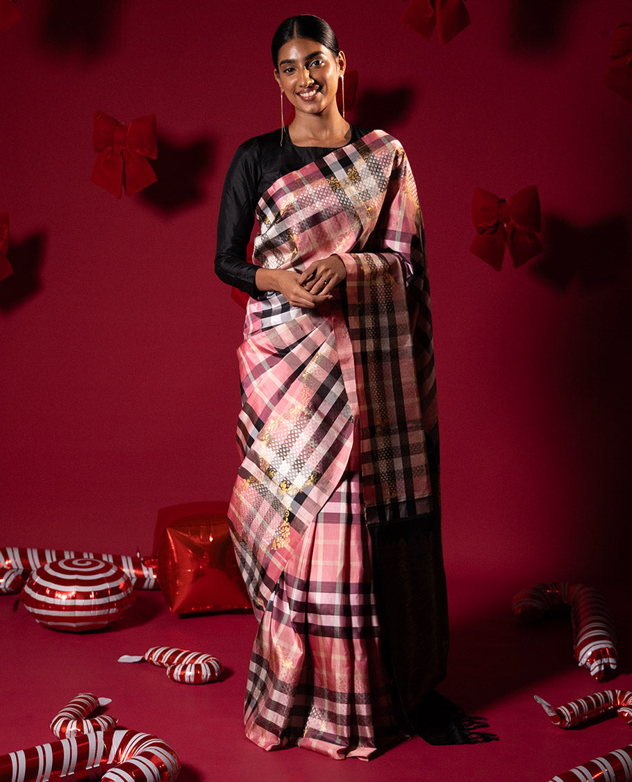 Borderless multi-color checked Kanchipuram silk saree features zari woven ara maadam and floral designs, contrast traditional zari motifs steeped pallu