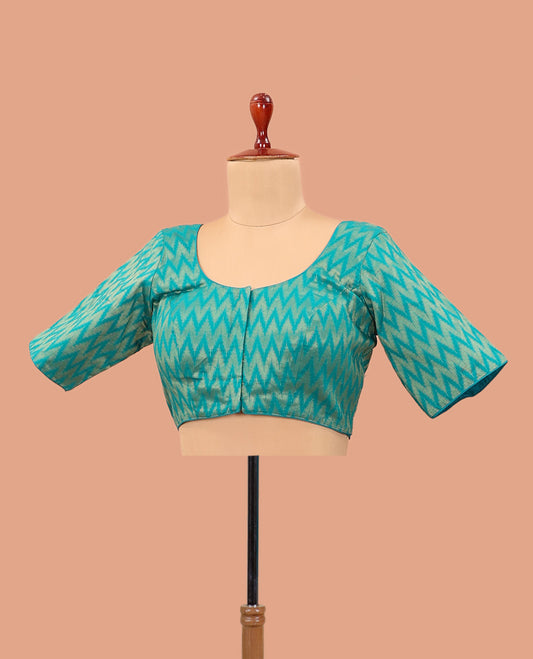 Blue chevron striped front-back round neck elbow sleeve readymade blouse