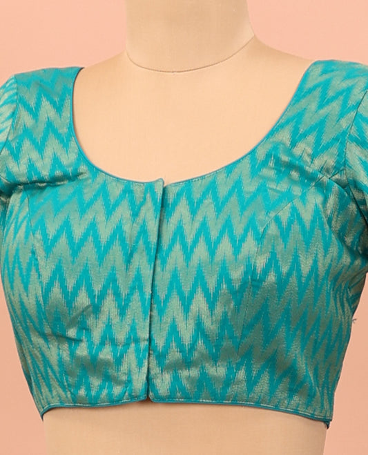 Blue chevron striped front-back round neck elbow sleeve readymade blouse