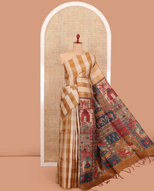 Borderless multi-color checked tussar saree, contrast pallu of flora-fauna and human figurines print