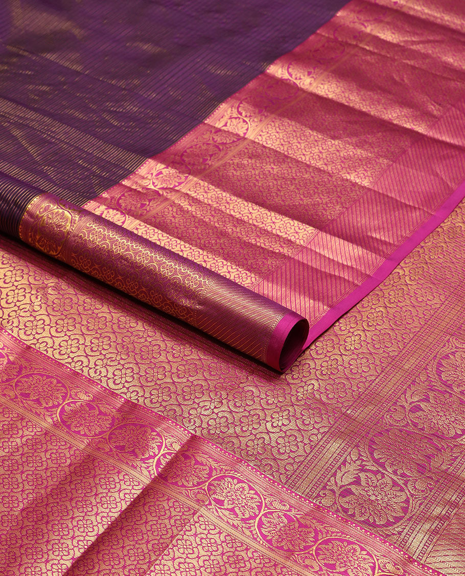 Brown checked, floral design silk saree with contrast intricate zari design border & floral zari design pallu