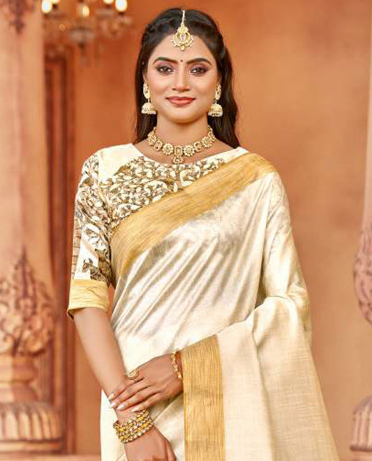 Cream birds on the tree motifs designer catalog saree, bavanji border, and pallu features birds on the tree motif
