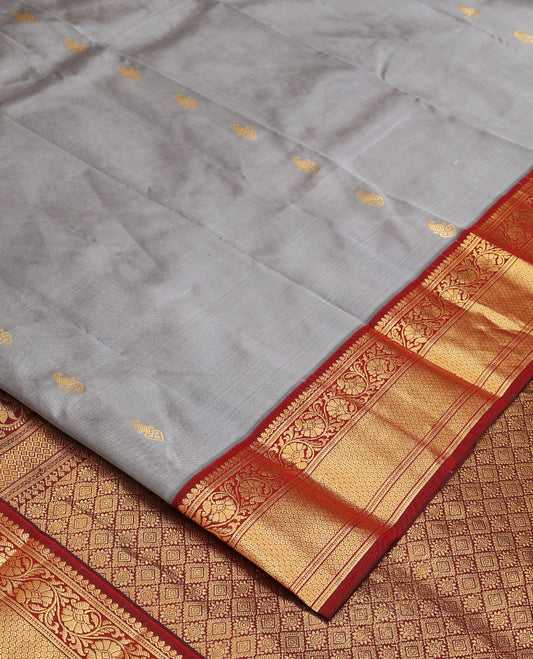 Grey zari buttas Bangalore silk saree, contrast traditional zari design border, and jaal pallu