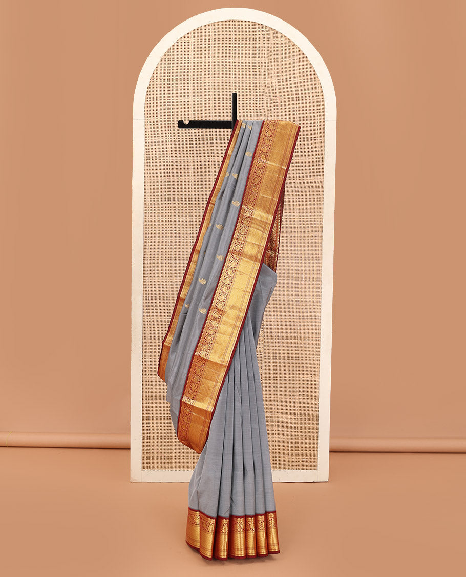 Grey zari buttas Bangalore silk saree, contrast traditional zari design border, and jaal pallu