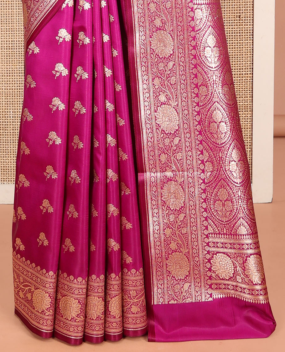 Rani Pink Banarasi Nylon Saree, Finely Crafted with Zari Buttas, Highlighted by a Floral Creeper Zari Border, Intricate Pallu, and a Matching Blouse