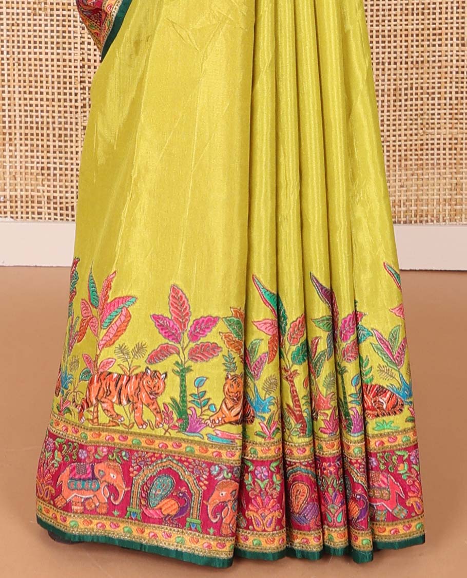 Mustard forest theme design dola saree  with contrast elephant design border & forest theme design pallu