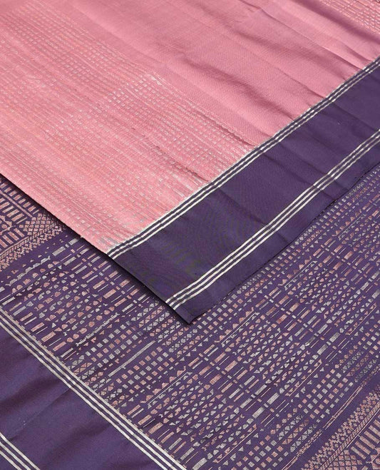 Pink zari checked soft silk saree, contrast zari striped border, and pallu of geometric designs in zari