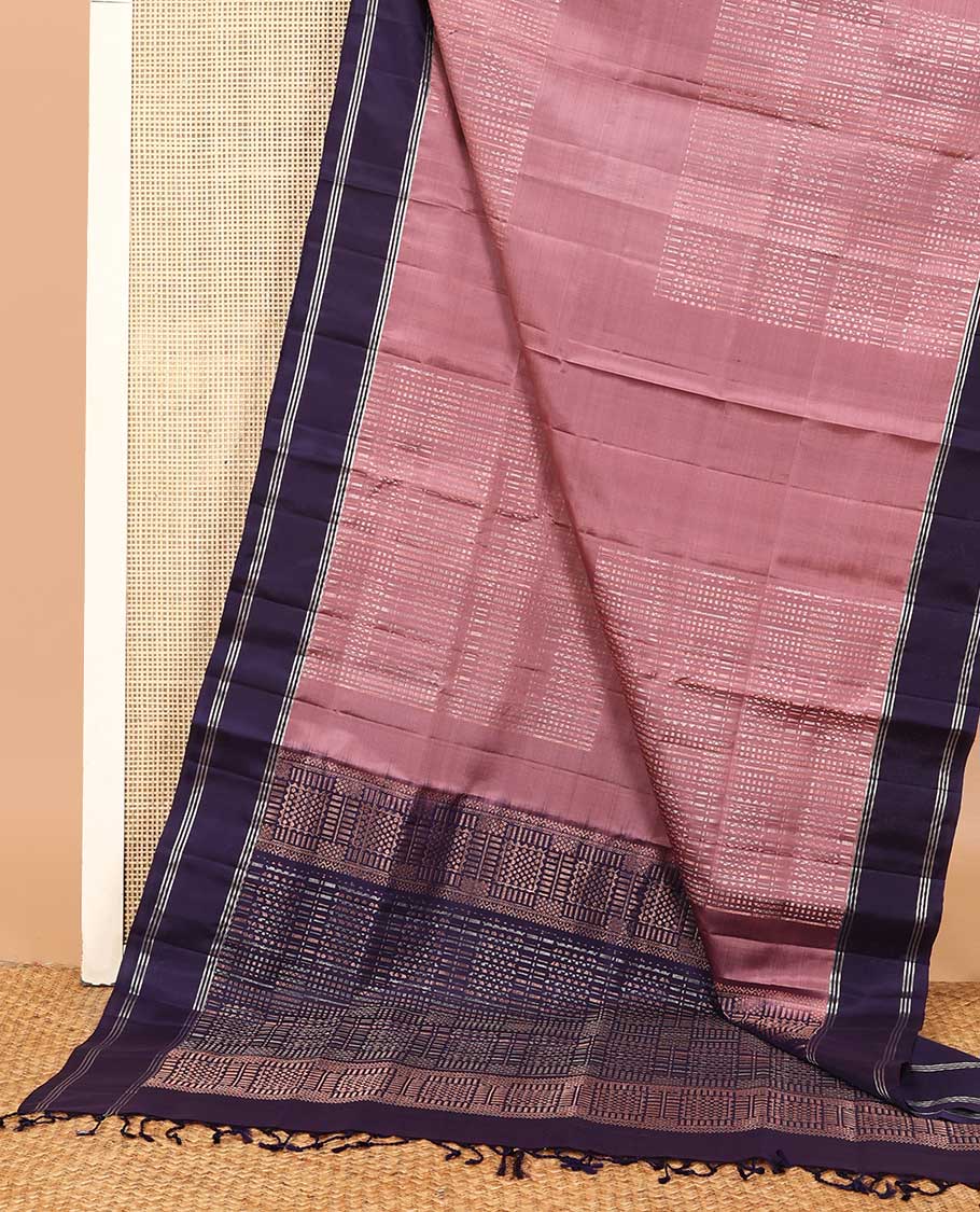 Pink zari checked soft silk saree, contrast zari striped border, and pallu of geometric designs in zari