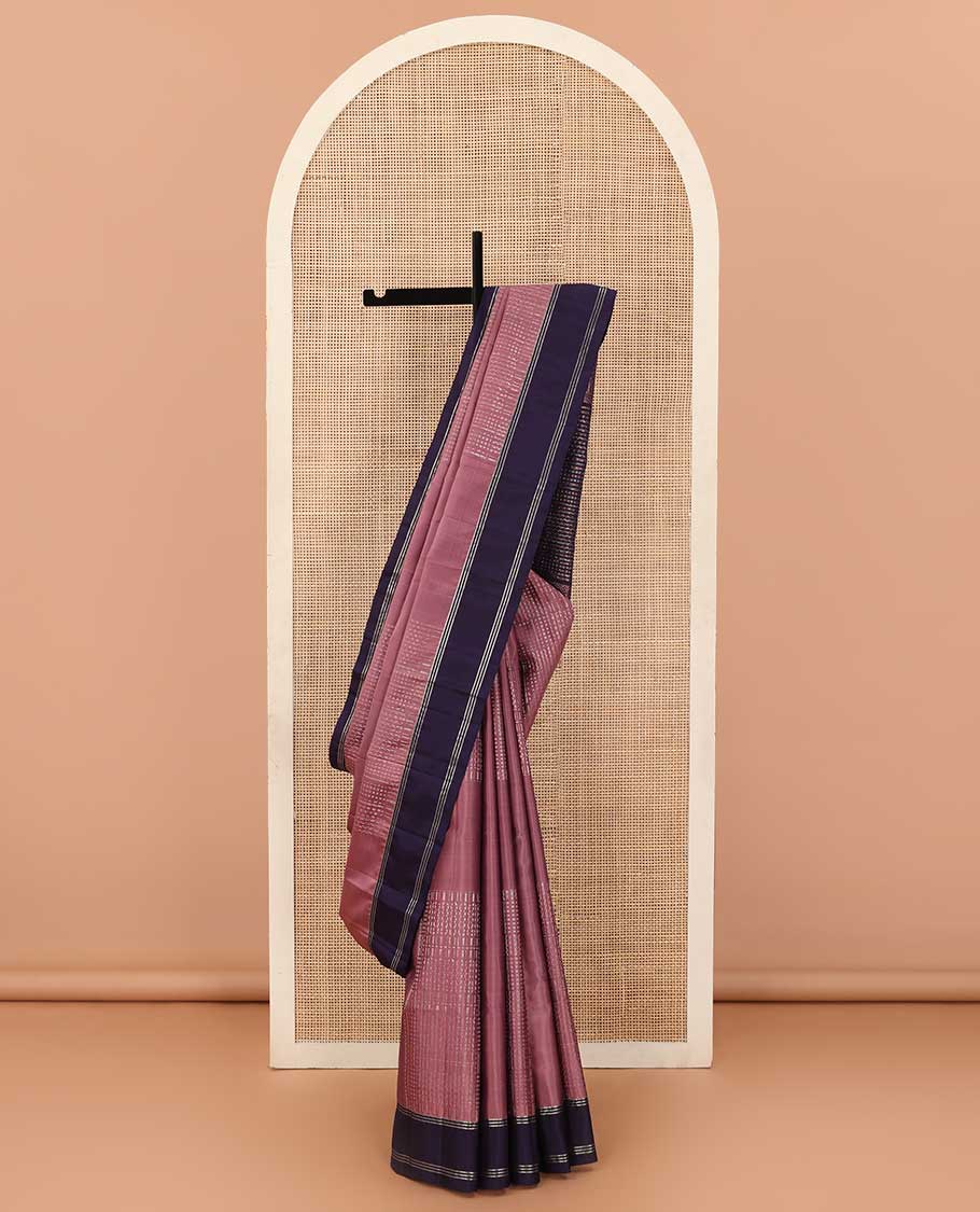 Pink zari checked soft silk saree, contrast zari striped border, and pallu of geometric designs in zari