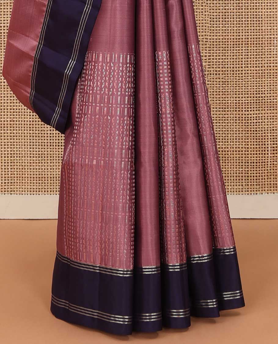 Pink zari checked soft silk saree, contrast zari striped border, and pallu of geometric designs in zari
