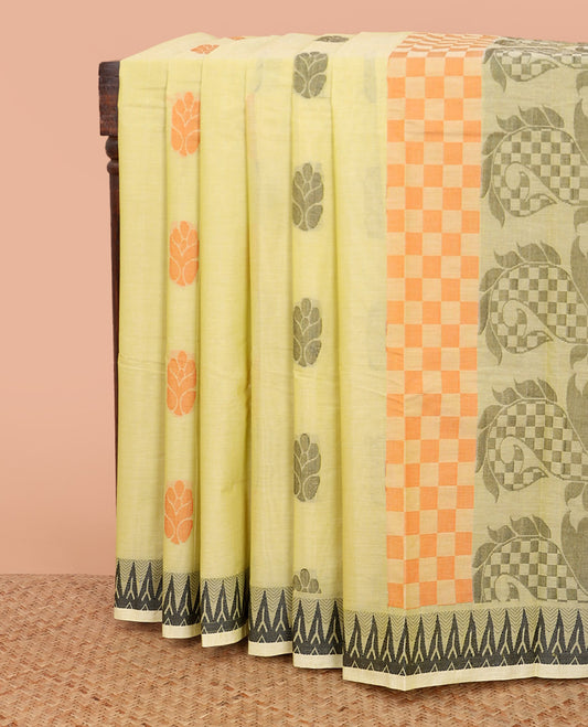 Yellow buttas Kanchi cotton saree, temple border, and pallu of checks and leaf designs