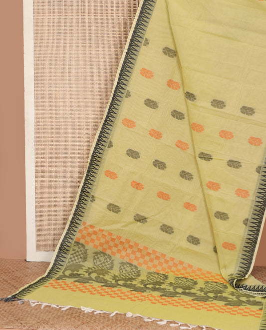 Yellow buttas Kanchi cotton saree, temple border, and pallu of checks and leaf designs