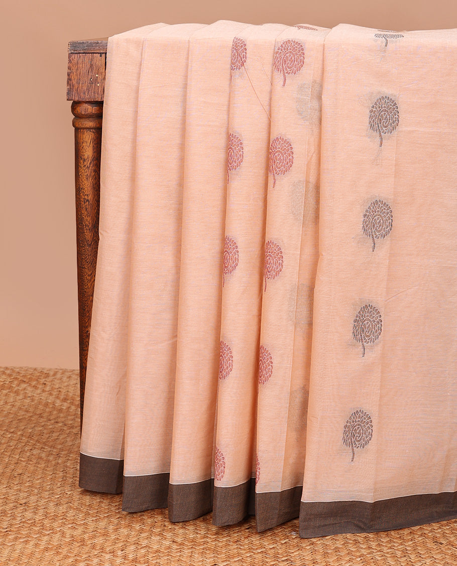 Sandal floral buttas kanchi cotton saree, contrast border, and jaal pallu