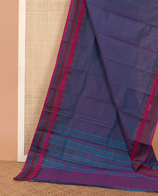 Violet plain Chettinad cotton saree, contrast temple traditional border, and striped pallu
