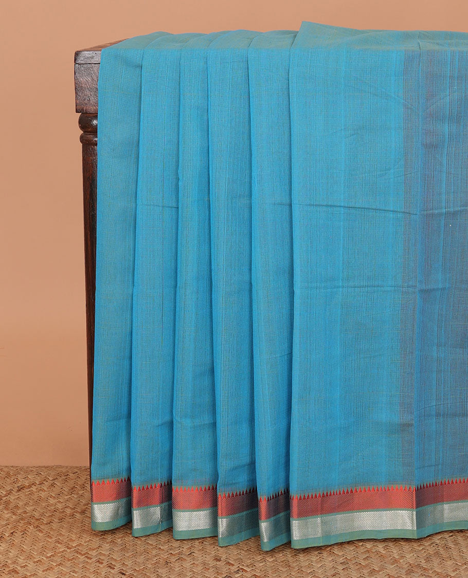 Blue sparesly striped Mangalagiri Cotton saree, contrast temple zari border, striped pallu, and contrast plain blouse