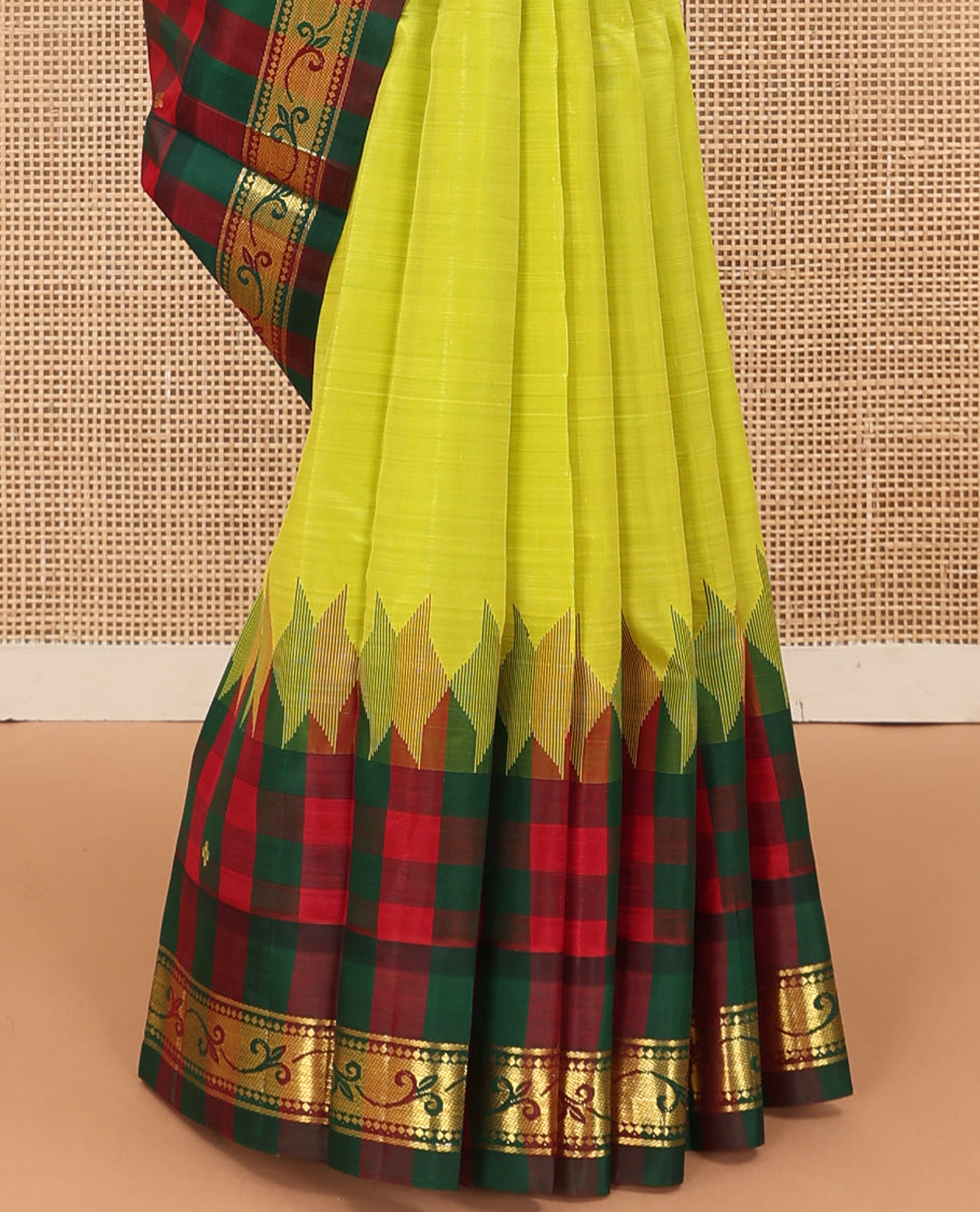 Parrot green zari buttas Kanchipuram silk saree, contrast one-sided checked border of thazampoo rekku, and kamalam designs, and zari design pallu