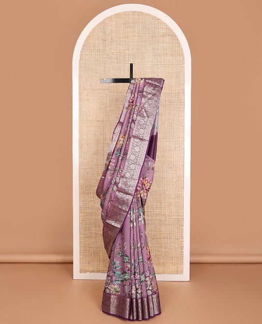 Purple floral printed with embroidered dola silk saree, contrast traditional zari design border & zari striped pallu
