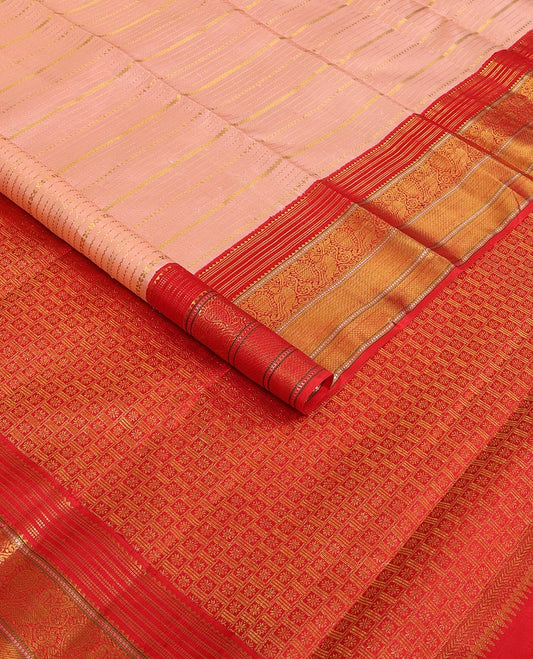 Pink zari designs Kanchipuram silk saree,contrast border of rekku,muthu,mayil,zari stripes & mayil kann designs & floral butta enclosed checked pallu
