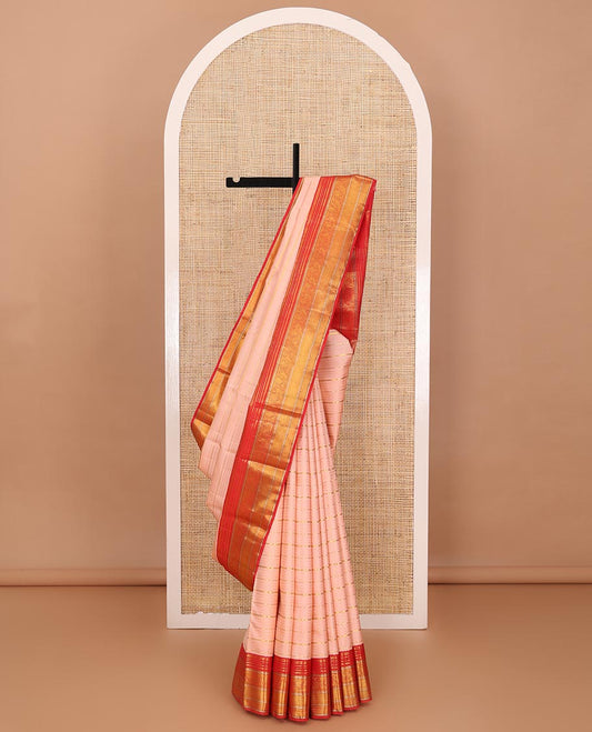 Pink zari designs Kanchipuram silk saree,contrast border of rekku,muthu,mayil,zari stripes & mayil kann designs & floral butta enclosed checked pallu