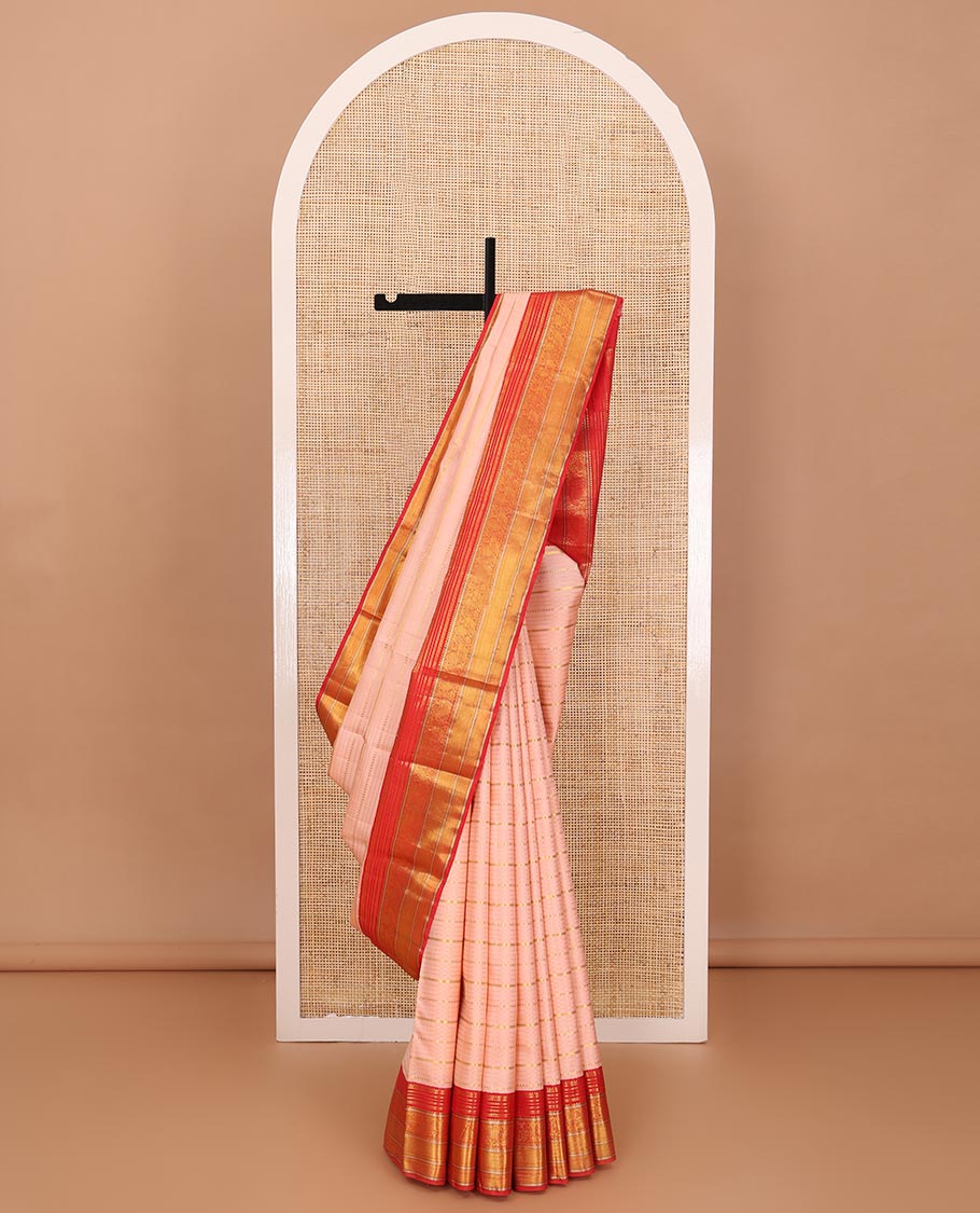 Pink zari designs Kanchipuram silk saree,contrast border of rekku,muthu,mayil,zari stripes & mayil kann designs & floral butta enclosed checked pallu