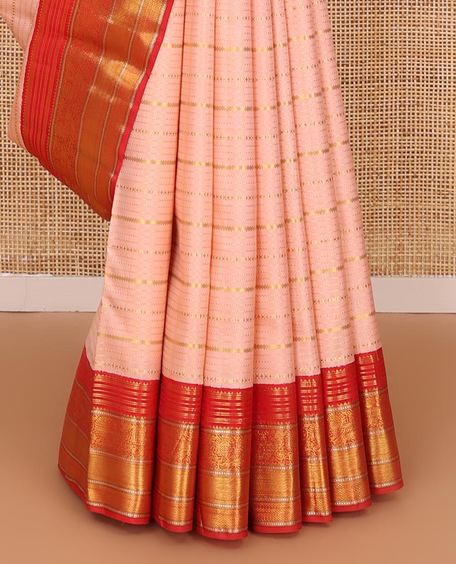 Pink zari designs Kanchipuram silk saree,contrast border of rekku,muthu,mayil,zari stripes & mayil kann designs & floral butta enclosed checked pallu