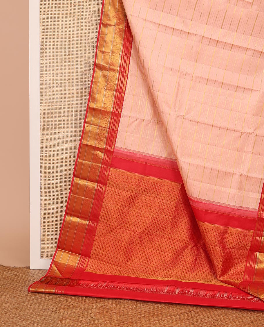 Pink zari designs Kanchipuram silk saree,contrast border of rekku,muthu,mayil,zari stripes & mayil kann designs & floral butta enclosed checked pallu