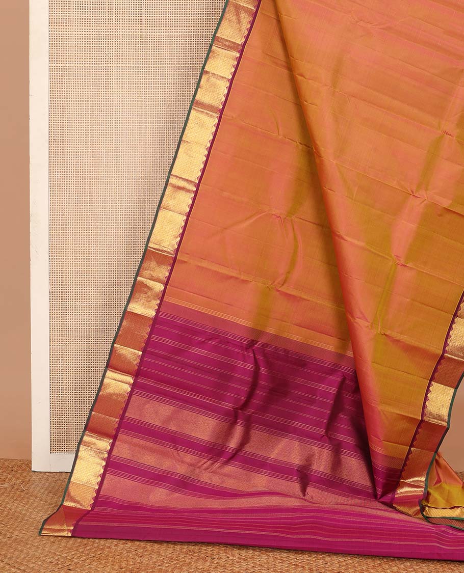 Orange Plain Kanchipuram Silk Saree, Complemented by Contrast Border of Thazampoo Rekku, Muthu and Vanki Designs, Zari Designs Woven Pallu, and Paired with a Contrast Blouse