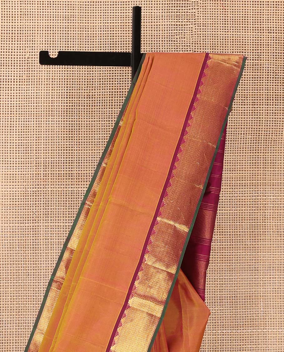 Orange Plain Kanchipuram Silk Saree, Complemented by Contrast Border of Thazampoo Rekku, Muthu and Vanki Designs, Zari Designs Woven Pallu, and Paired with a Contrast Blouse