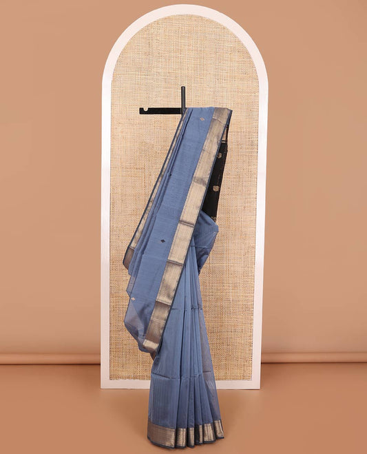 Blue geometric motifs maheshwari cotton saree with contrast intricate zari design border & floral motifs pallu