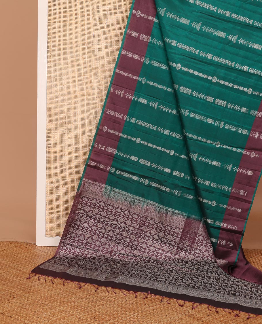 Green zari stripes soft silk saree , contrast zari design border & floral design pallu